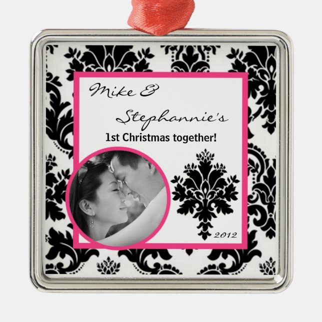 Personalized Photo Ornament Black Hot Pink Damask (Front)