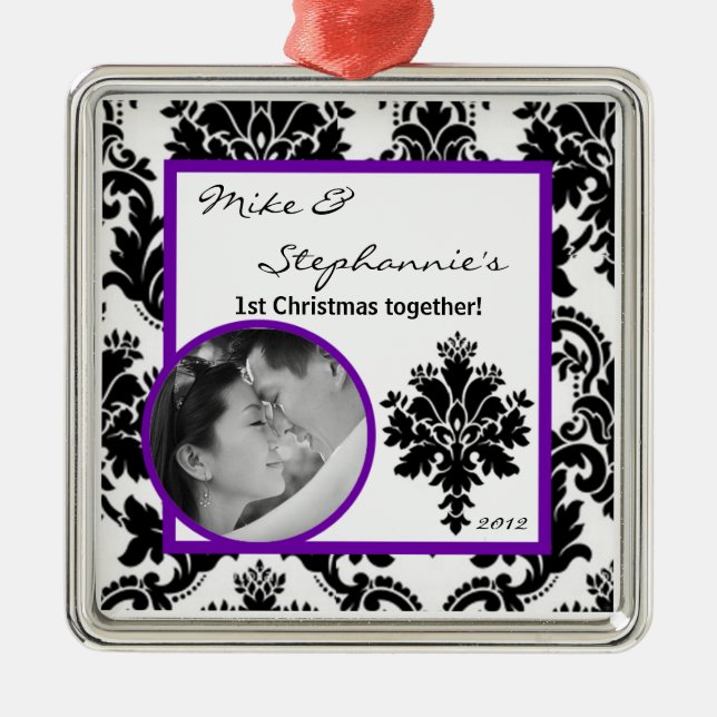 Personalized Photo Ornament Black Purple Damask (Front)