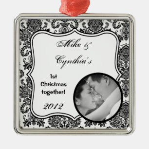Personalized Photo Ornament Black White Damask Lac