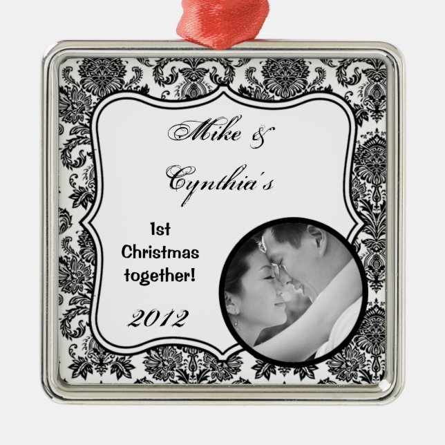 Personalized Photo Ornament Black White Damask Lac (Front)