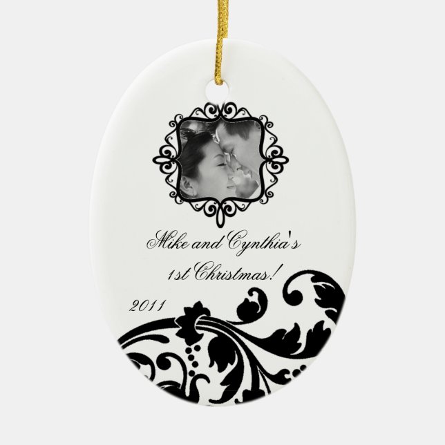 Personalized Photo Ornament Black White Floral (Front)
