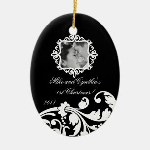 Personalized Photo Ornament Black White Floral