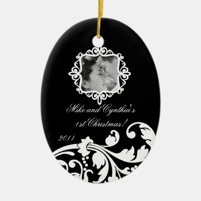 Personalized Photo Ornament Black White Floral (Front)
