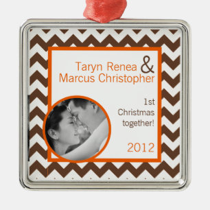 Personalized Photo Ornament Brown Orange Chevron