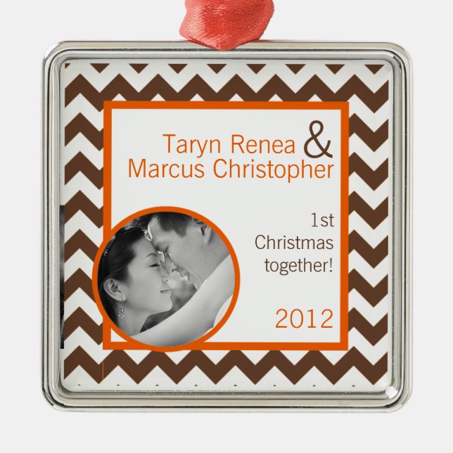 Personalized Photo Ornament Brown Orange Chevron (Front)