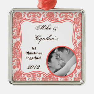 Personalized Photo Ornament Cora White Damask Lace