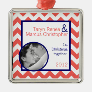 Personalized Photo Ornament Coral Navy Blue Chevro