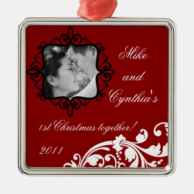 Personalized Photo Ornament Crimson Red Floral (Front)