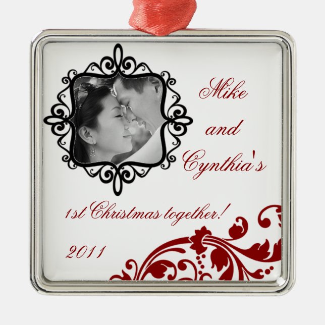 Personalized Photo Ornament Crimson Red Floral (Front)