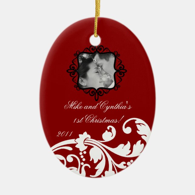 Personalized Photo Ornament Crimson Red Floral (Front)