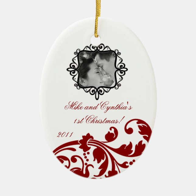 Personalized Photo Ornament Crimson Red Floral (Front)