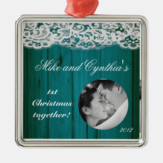 Personalized Photo Ornament Distrissed Teal Wood (Front)