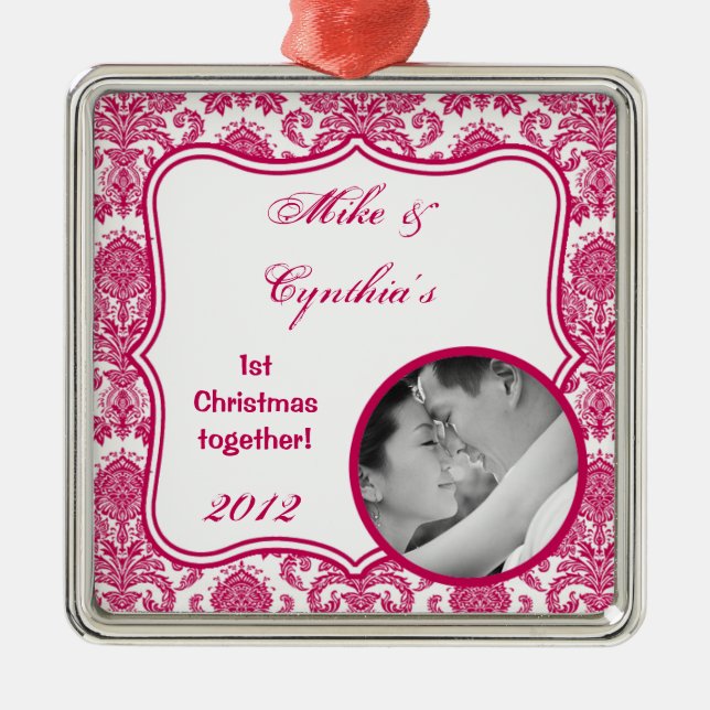 Personalized Photo Ornament Fusia White Damask Lac (Front)