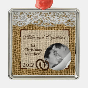 Personalized Photo Ornament Horse Shoes on Burlap