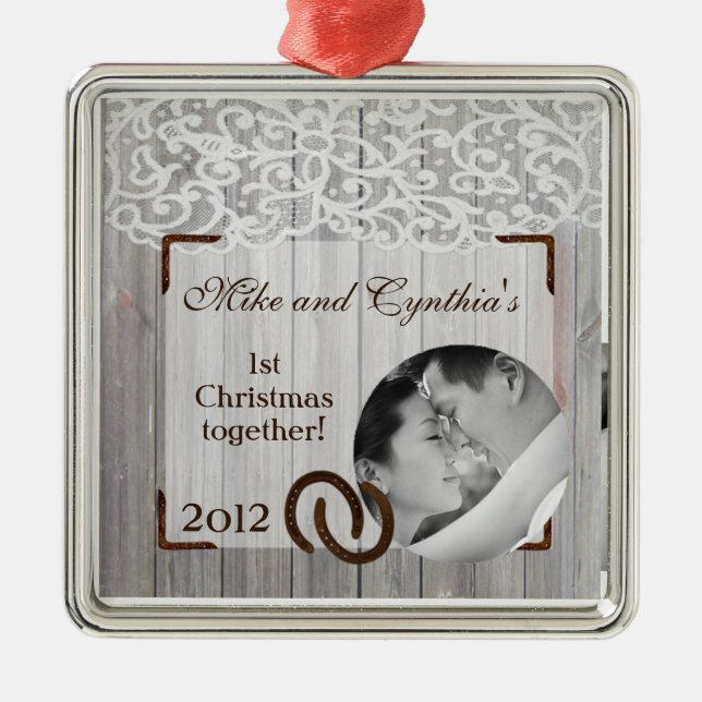 Personalized Photo Ornament Horse Shoes on Wood (Front)