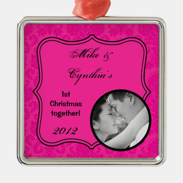 Personalized Photo Ornament Hot Pink Damask Lace (Front)