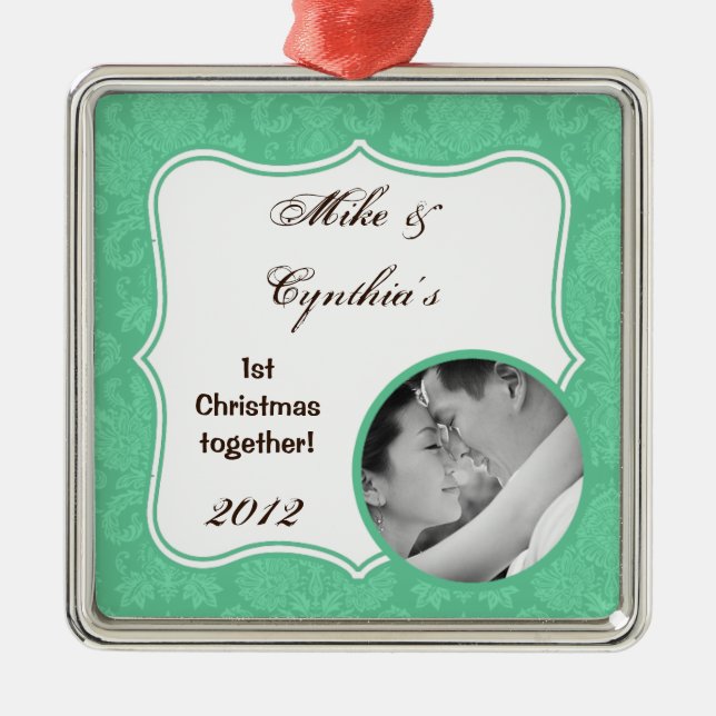 Personalized Photo Ornament Mint White Damask Lace (Front)