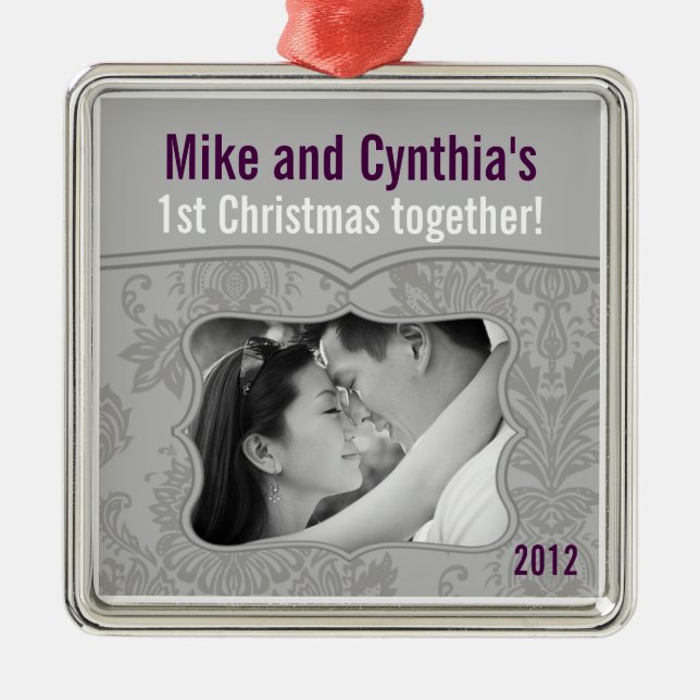 Personalized Photo Ornament Modern Grey Damask (Front)