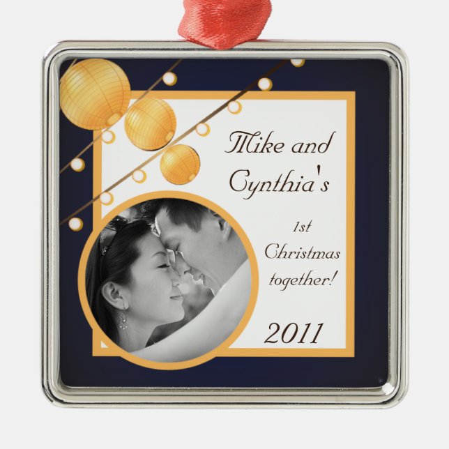 Personalized Photo Ornament Paper Lanterns on Blue (Front)
