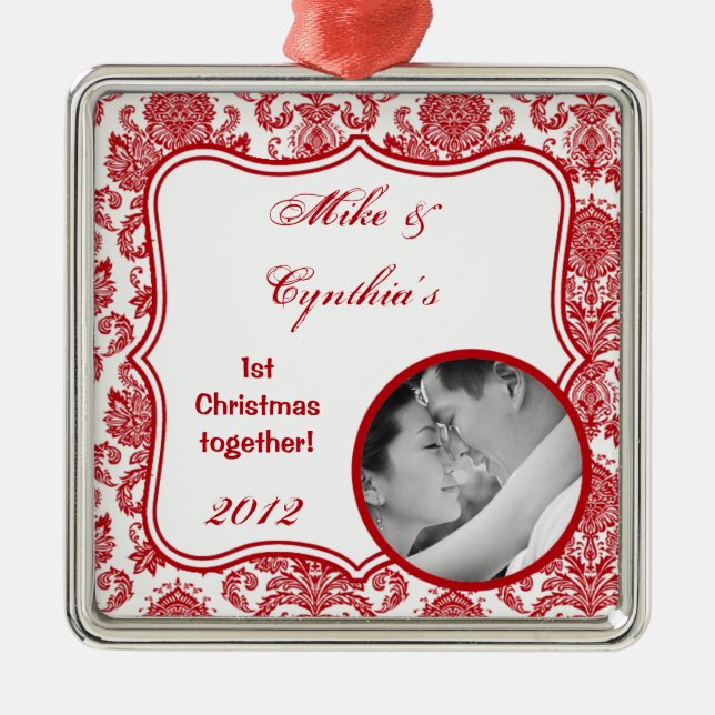 Personalized Photo Ornament Red White Damask Lace (Front)