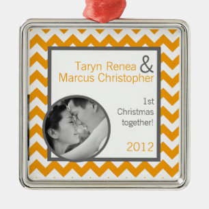 Personalized Photo Ornament Yellow Grey Chevron