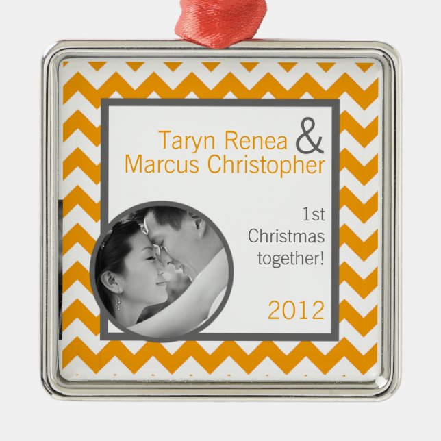 Personalized Photo Ornament Yellow Grey Chevron (Front)