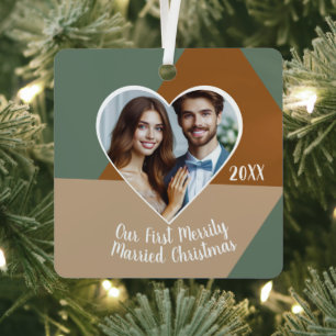 Personalized Photo Our First Merrily Married Xmas Metal Ornament