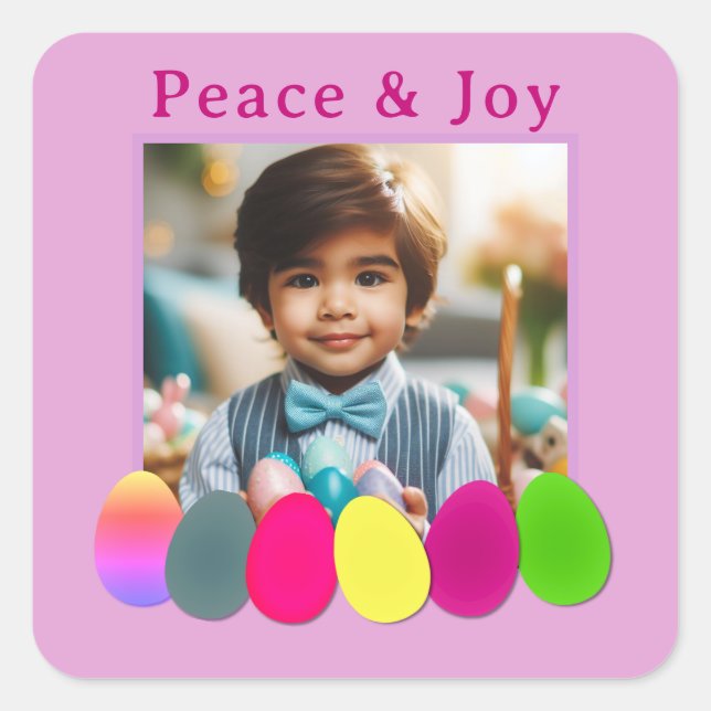Personalized Photo Peace Joy Coloured Eggs Easter  Square Sticker (Front)