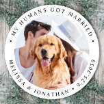 Personalized Photo Pet Dog Just Married Wedding Classic Round Sticker<br><div class="desc">Add the finishing touch to your dog wedding announcements with these custom photo, and personalized 'My Humans Got Married stickers. Customize with your favourite photo,  names and date. COPYRIGHT © 2020 Judy Burrows,  Black Dog Art - All Rights Reserved. Personalized Photo Pet Dog Just Married Wedding Classic Round Sticker</div>