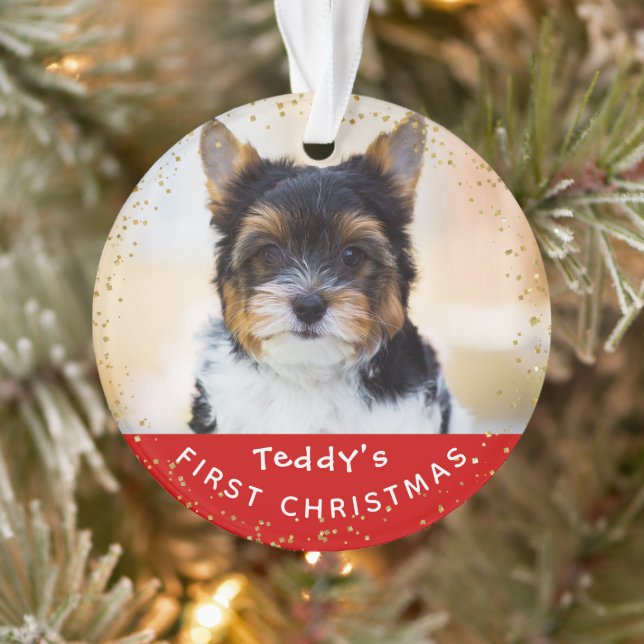 Personalized Photo Pet Dog Puppy Holiday Red Gold Ornament (Tree)