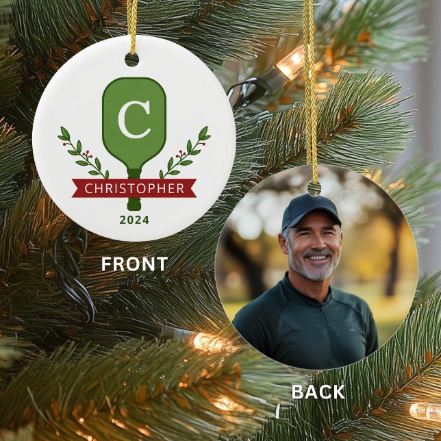Personalized Photo Pickleball Christmas Ornament (Front + Back on a Ceramic Circle Ornament)