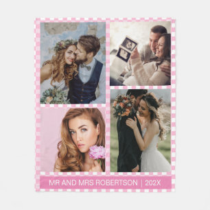 Personalized Photo Pink and White Gingham Plaid  Fleece Blanket