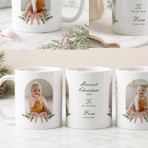 Personalized Photo Pink Bow Greenery Christmas Coffee Mug