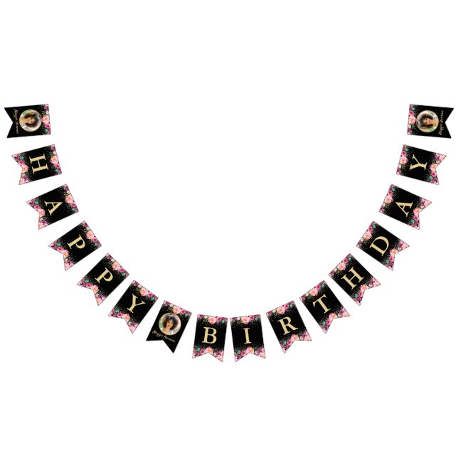 Personalized Photo Pink Floral Black Gold Birthday Bunting Flags (All)