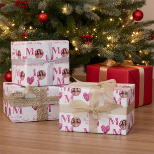 Personalized Photo Pink Floral Lettering Heart Mom Wrapping Paper