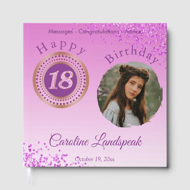 Personalized Photo Pink Glitter, 18th Birthday Guest Book (Front)