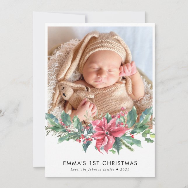 Personalized Photo Poinsettia Baby's 1st Christmas Announcement (Front)