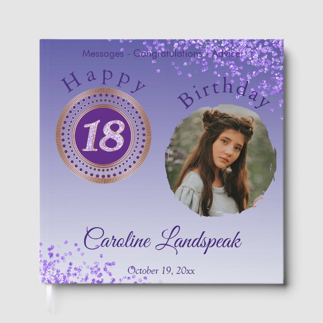 Personalized Photo Purple Glitter, 18th Birthday Guest Book (Front)