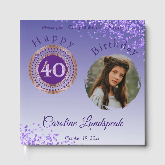 Personalized Photo Purple Glitter, 40th Birthday Guest Book (Front)