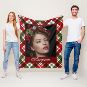 Personalized Photo Red and Green Plaid  Fleece Blanket