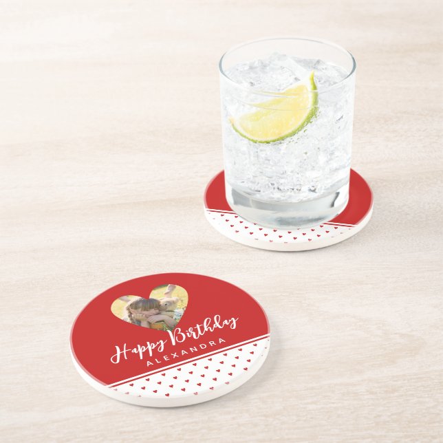 Personalized Photo Red Heart Frame Modern Birthday Coaster (Side)