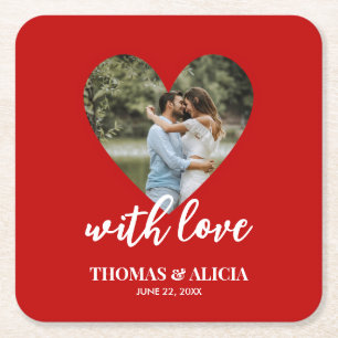 Personalized Photo Red Heart Frame Modern Wedding Square Paper Coaster