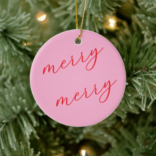Personalized Photo Red & Pink Script Christmas Ceramic Ornament (Tree)