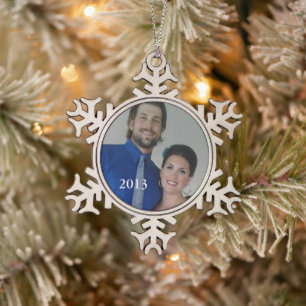 Personalized Photo Retro Garland Couple's Photo Snowflake Pewter Christmas Ornament