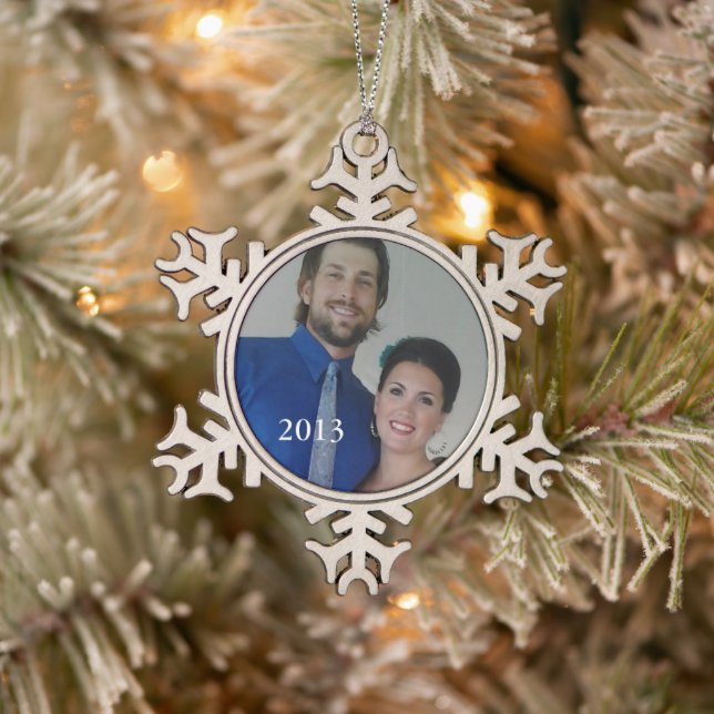 Personalized Photo Retro Garland Couple's Photo Snowflake Pewter Christmas Ornament (Tree)