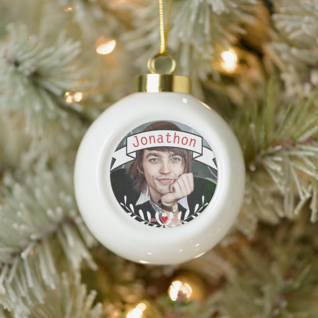 Personalized Photo Retro Typography Banner Garland Ceramic Ball Christmas Ornament (Tree)