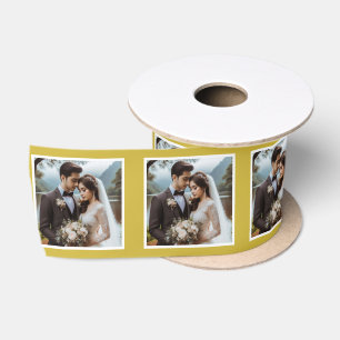 Personalized Photo Ribbon White Old Gold Wedding Satin Ribbon