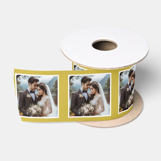 Personalized Photo Ribbon White Old Gold Wedding Satin Ribbon (Spool)