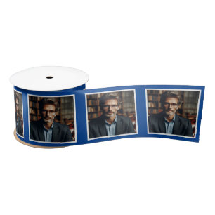 Personalized Photo Ribbon White on Dark Blue Satin Ribbon