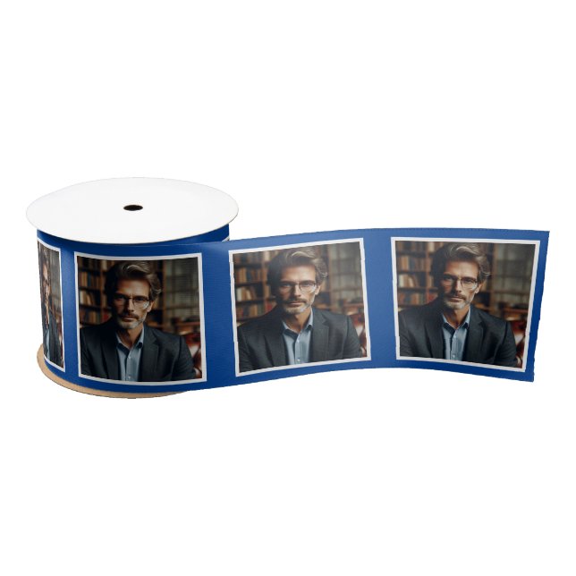 Personalized Photo Ribbon White on Dark Blue Satin Ribbon (Spool)